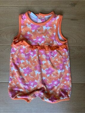 Vintage Sleeveless Orange & Pink Floral Baby Romper with Ruffle Trim